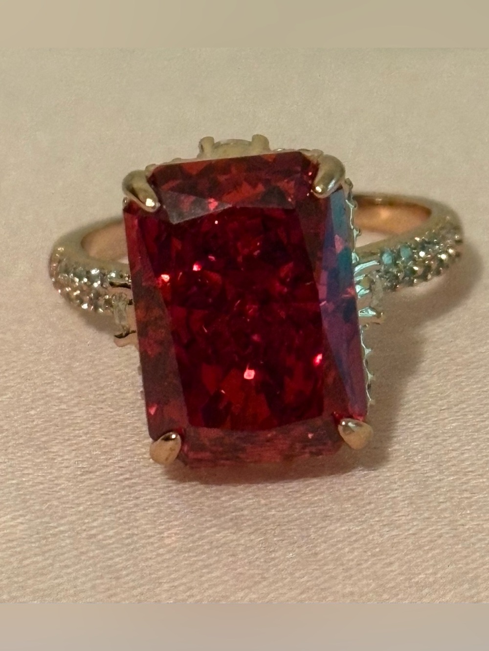 Radiant Red Emerald-Cut Statement Ring with Pavé Shoulders